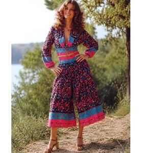 Vtg 80's Faith 2 Piece‎ Small Floral Sequin Crop Jacket Wide Leg Pants new wave